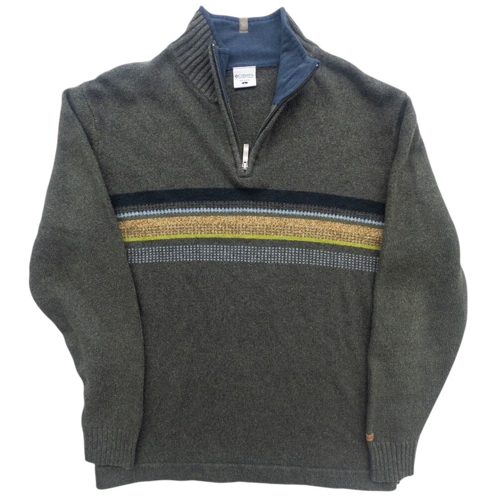 Vintage Columbia Men's 1/4 Zip Sweater Green Tan Stripe Ramie Wool Blend Large